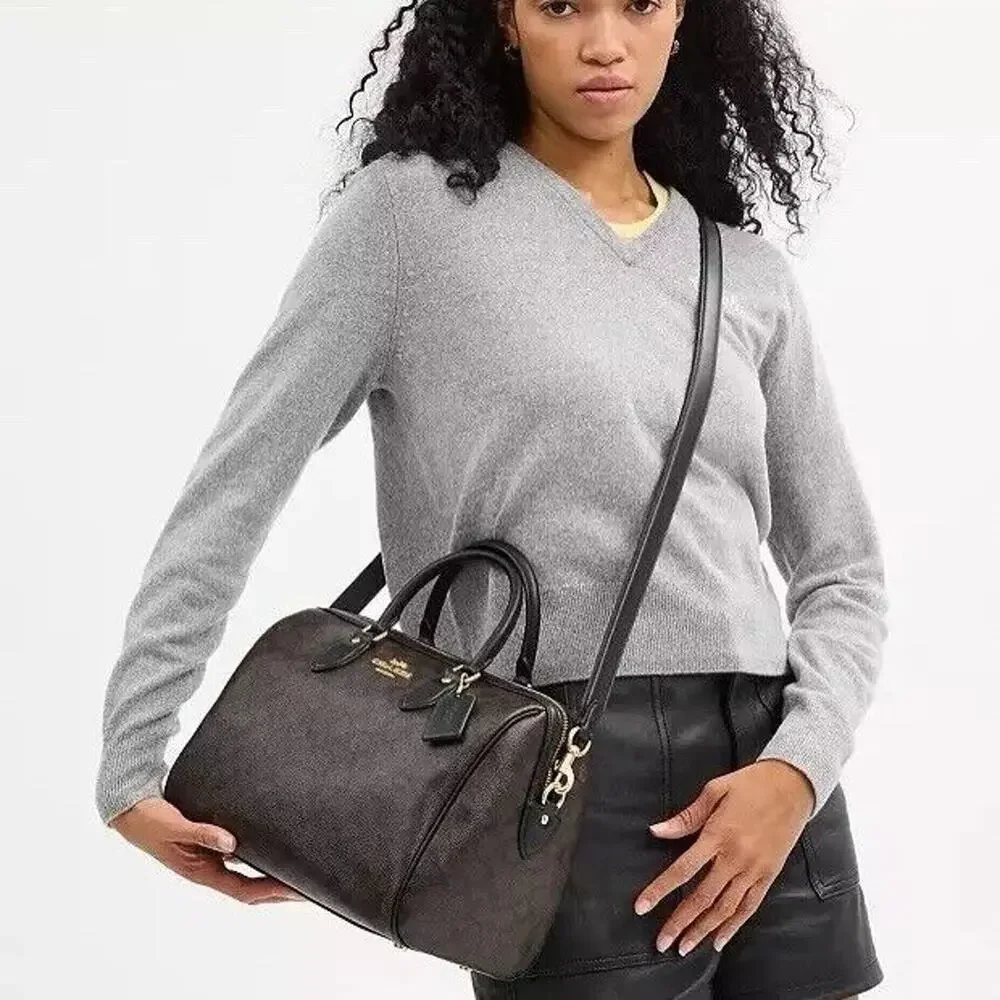 NWT Coach Rowan Large Satchel Bag In Signature Canvas CV959 Gold/Walnut /Black - Picture 4 of 9